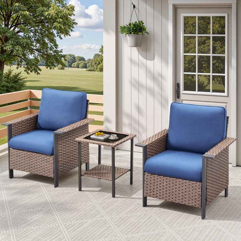 Ensemble de 3 chaises de patio en osier PE, ensemble de conversation en rotin toutes saisons pour terrasse de porche, ensemble de chaise bistro avec coussin et table d'appoint