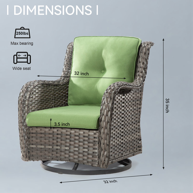 Green Quilted-Tufted Wicker Outdoor Swivel Dining Chair with Cushions