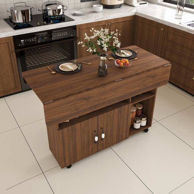 Îlot de cuisine pliable avec tablettes et roulettes de rangement