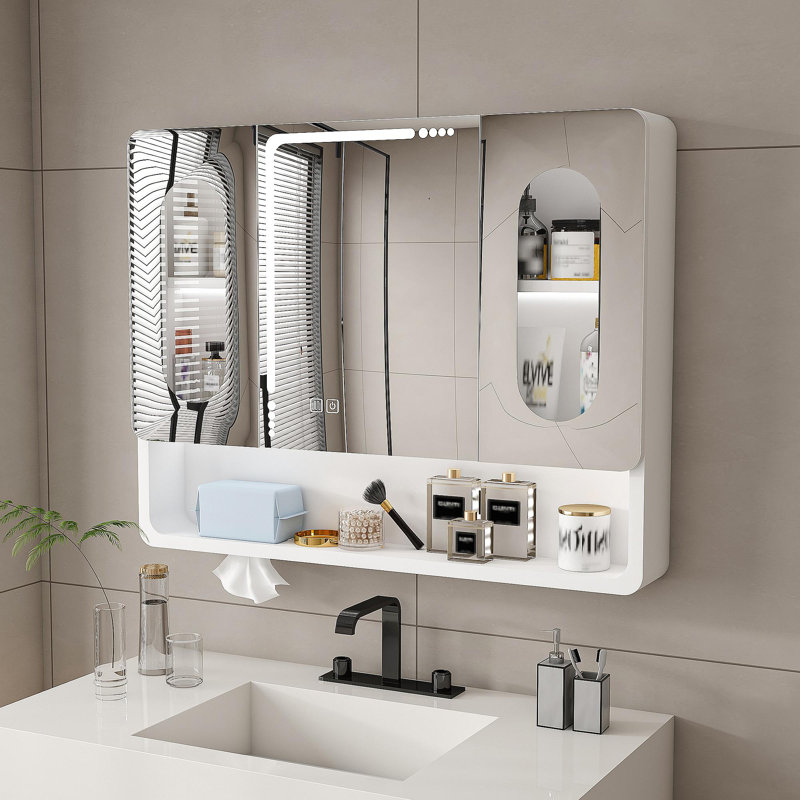 Armoire de salle de bain murale à miroir avec lumières DEL, anti-buée et anti-déflagrant, armoire à pharmacie tactile, éclairage 3 couleurs, désembueur, rangement avec verre transparent
