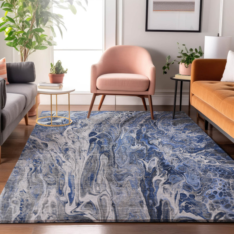 Premium Machine Washable Cerrito AMF602 Blue Round Rug, Rectangle 8' x 10'