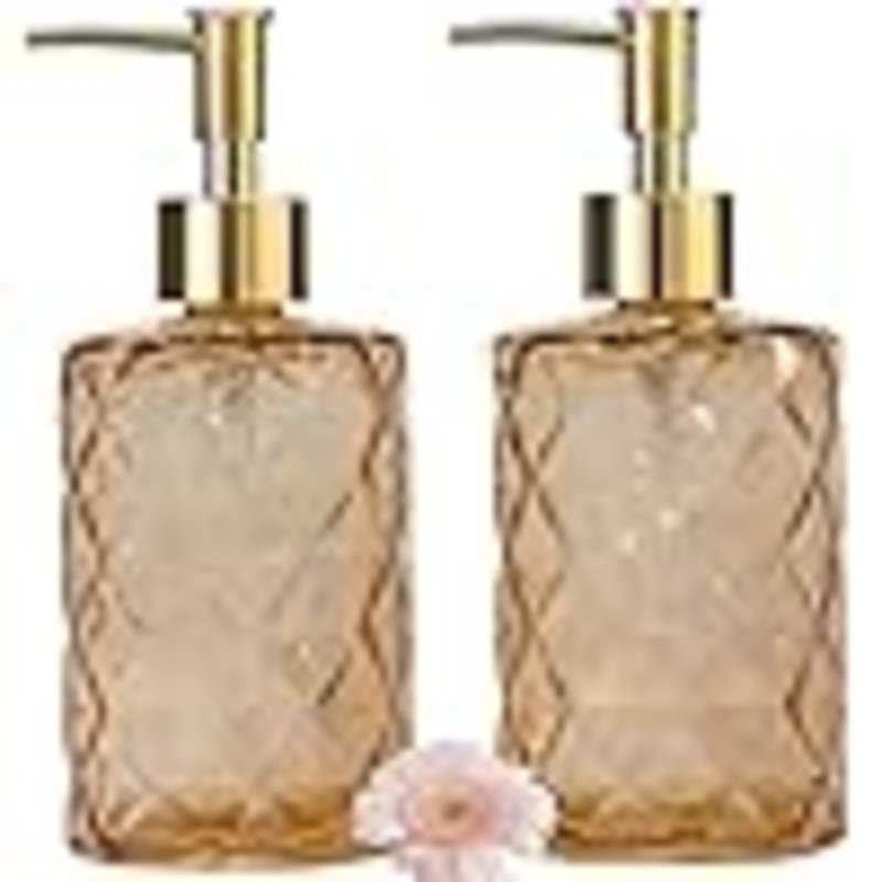 Distributeur de savon en verre avec pompe en plastique doré, distributeur de savon liquide 12 oz rechargeable, lot de 2 bouteilles de lotion en cristal pour décoration intérieure moderne, salle de bain, comptoir de cuisine, hôtel (ambre)