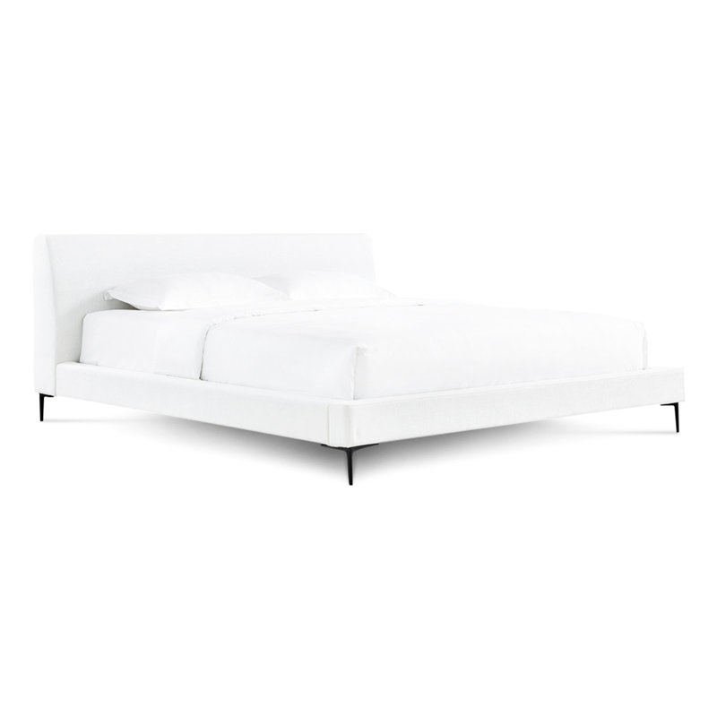 King Size Platform Bed In Mid Century Design, Woven Upholstered, Solid Wood Headboard, Foam Filled, No Box Spring Required Bed, Upholstery, Frame, Black Matte Stainless Steel Legs,