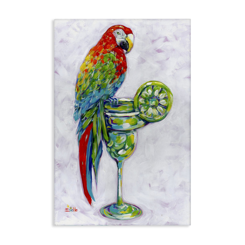 Toile perchée Margarita perroquet par Estelle Grengs, H 36 po x l 24 po