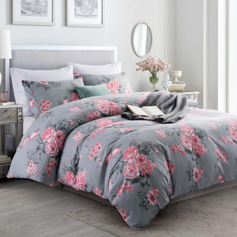 Reversible Microfiber Duvet Cover Set - 2 in 1 Pattern Printed Duvet with Matching Pillow Covers, Grey/Pink Floral