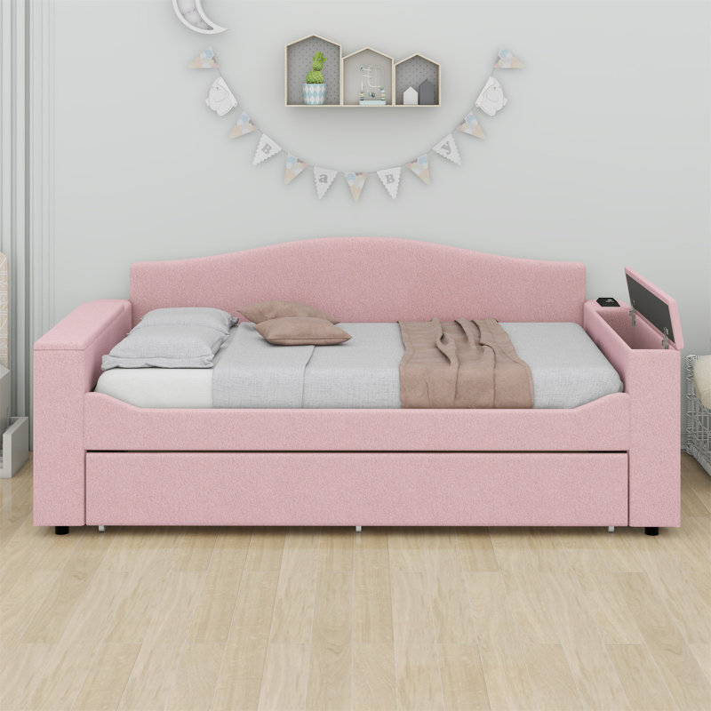 Upholstered Daybed With Storage Armrests,Trundle And Latest Integrated Bluetooth Audio System., Pink