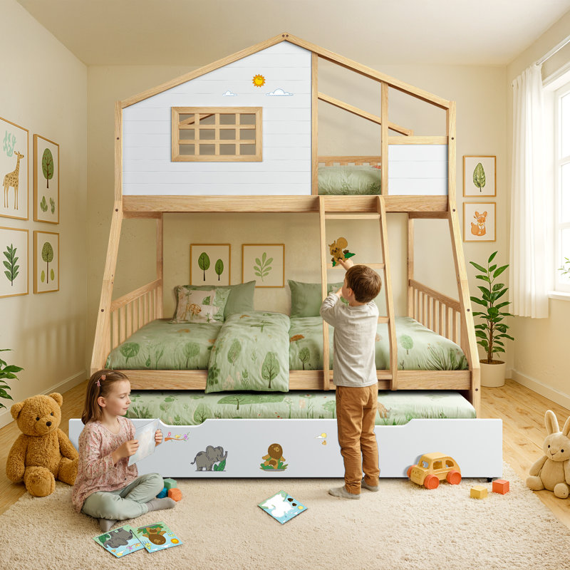 Lit superposé simple au-dessus d'un lit double en bois avec lit gigogne Treehouse, Blanc