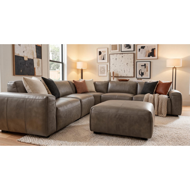 Canapé modulaire en cuir avec repose-pieds Fernagh, Cuir véritable gris pierre