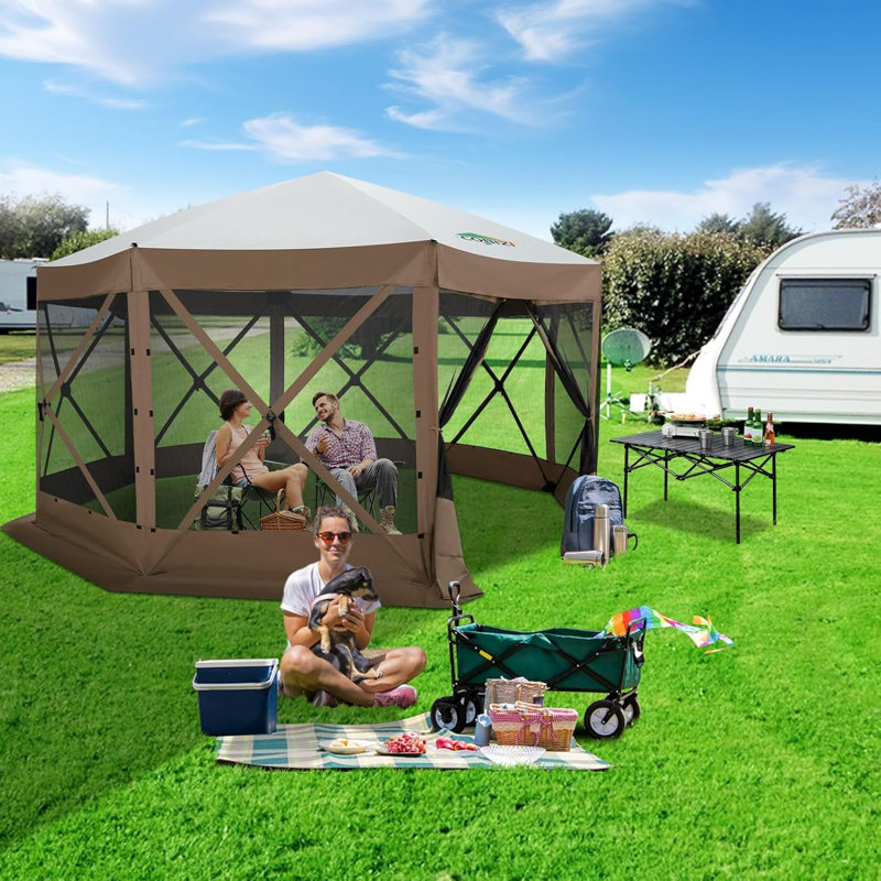 Très grande tente de pavillon escamotable avec moustiquaire 15 x 15 pi, Brun