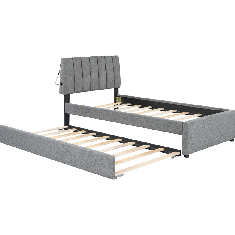 Lit plateforme tapissier avec lit gigogne, tête de lit lumineuse et port USB, Double, Gris