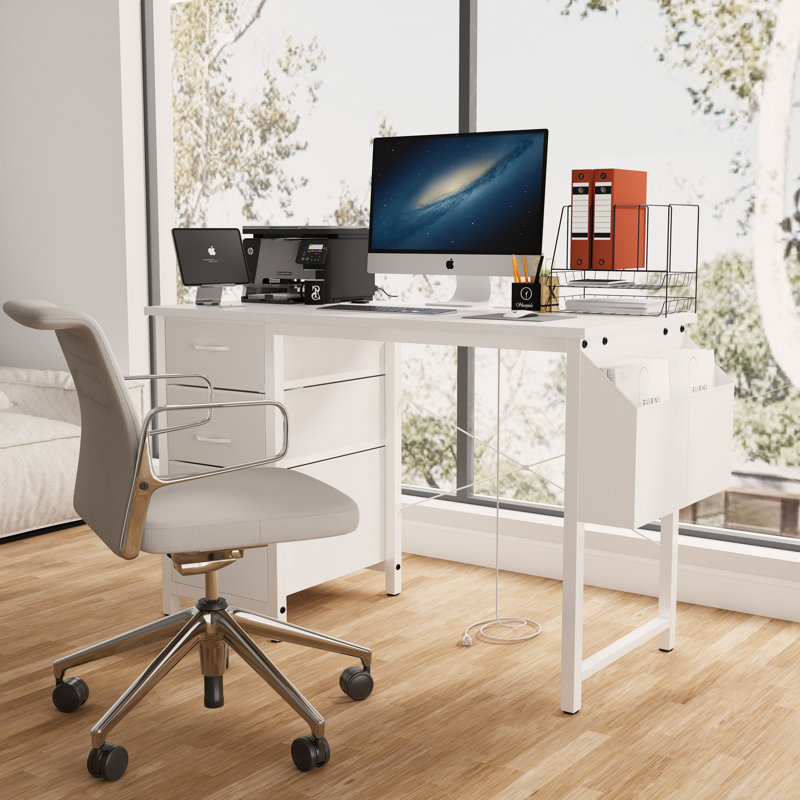 47"Office Desk With Power Outlet,3 Drawers,Side Pocket, Study Desk Easy To Assemble,Frame Stability Reversible For Home Desk, Company Computer Desk, Game Table,Vanity Table,