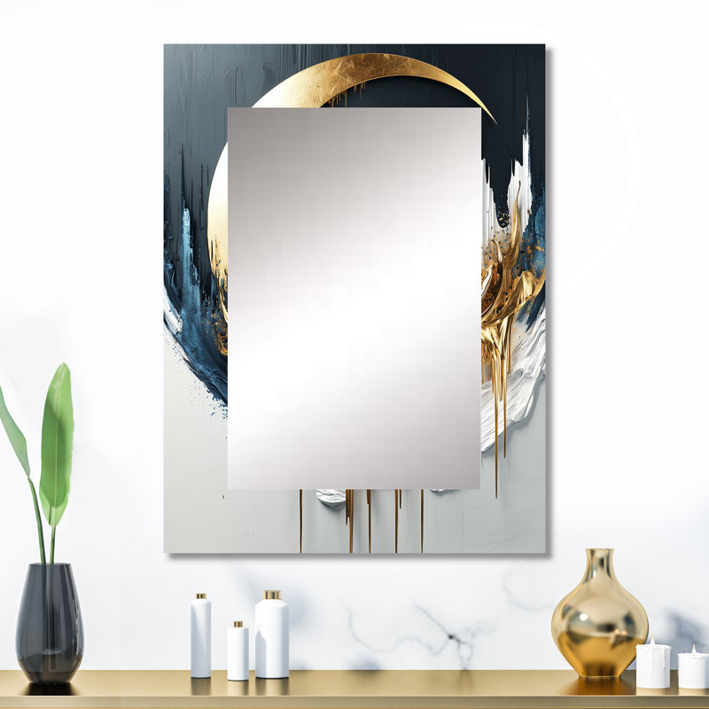 Gold Black Abstract Moon - Abstract Shapes Mirror, Gold Unique Wall Mirror, Printed Metal Art, 32" x 24"
