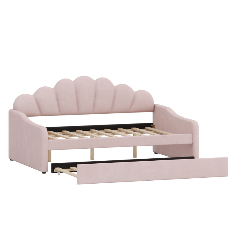 Structure de lit de jour rembourré avec dossier en forme de coquillage et lit gigogne escamotable, Rose