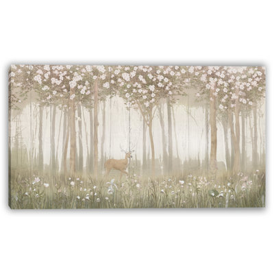 «Enchanted Forest Stroll - Deer in Blooming Woodland», reproduction d'art sur toile tendue