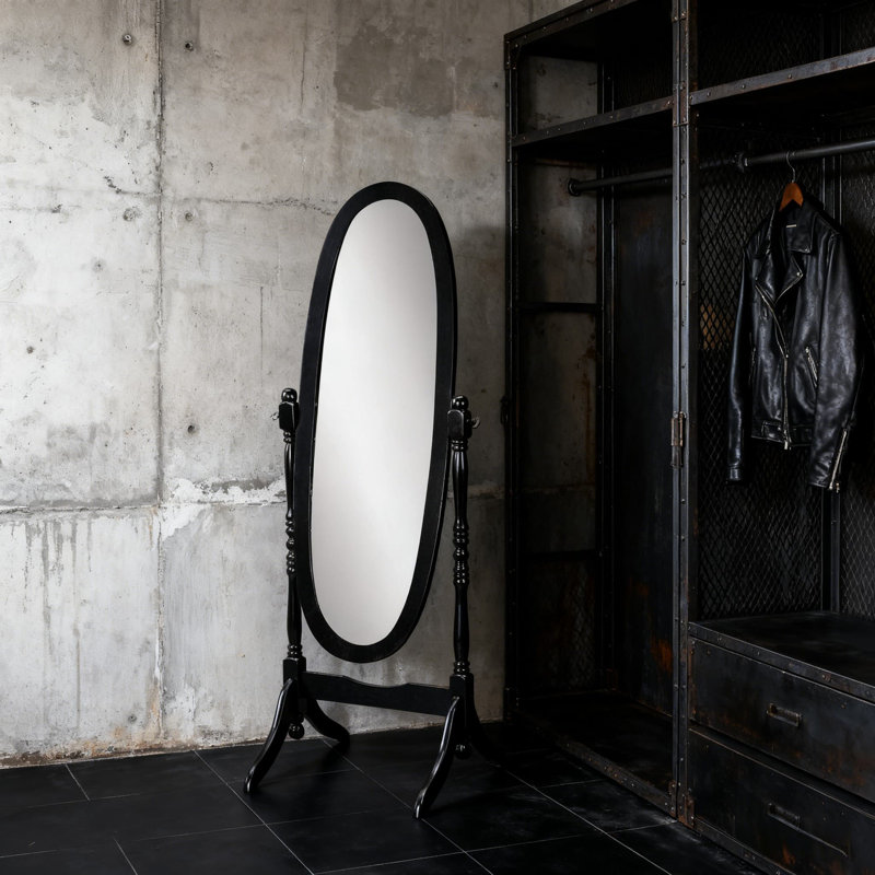 Finition miroir de plancher de bois traditionnel de style reine Anna, H 59 po x l 23 po x P 16 po, Noir