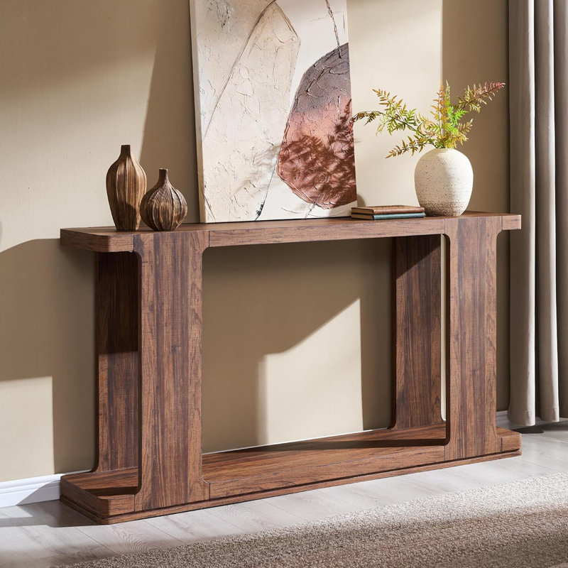 Console de 63 po pour hall d'entrée moderne avec bord incurvé et style distinctif, Noyer rustique