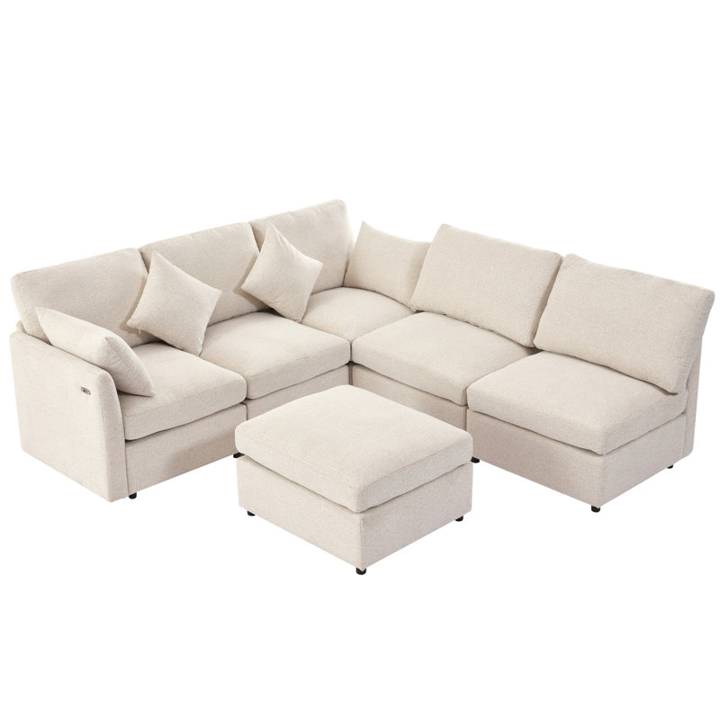 FlexiSofa Modular Sectional with Movable Ottoman and USB Ports, Beige Chenille