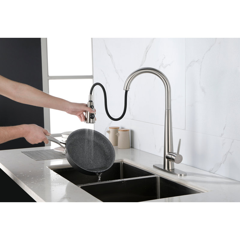 Kitchen Faucet With Pull Down Sprayer, High Arc Single Handle Kitchen Sink Faucet With Deck Plate, Commercial Modern Stainless Steel Kitchen Faucets