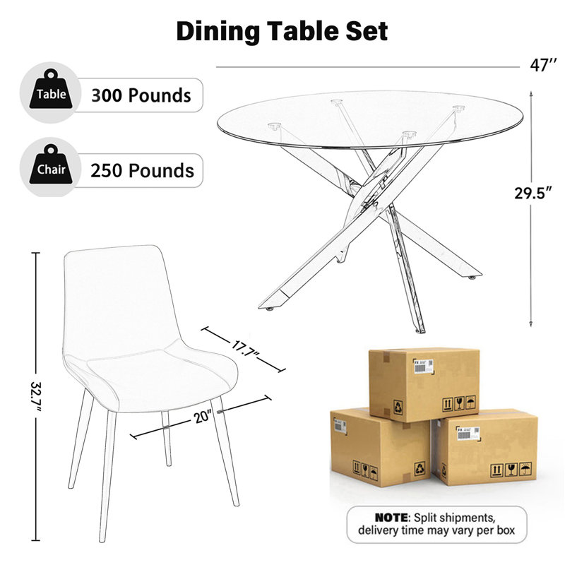 Modern Round Glass Dining Set, Stainless Steel Glass Table With PU Leather Dining Chairs,  Contemporary Kitchen And Dining Room Set For 4–6 People, Luxury & Space-Saving