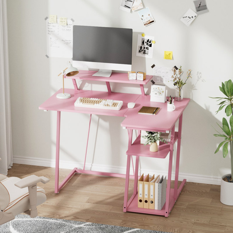 Pink Gaming Desk Office Desk with Monitor Stand
