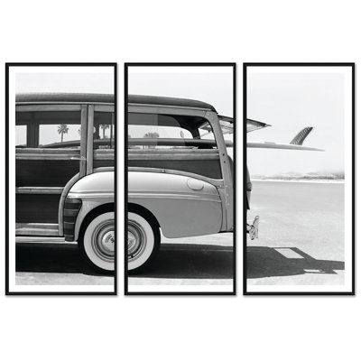Old Woodie Station Wagon with Surfboard Framed
