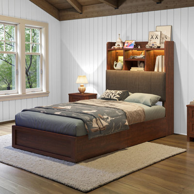 LED Farmhouse Twin Bed with Bookcase Headboard & Charging Station, Rustic Brown