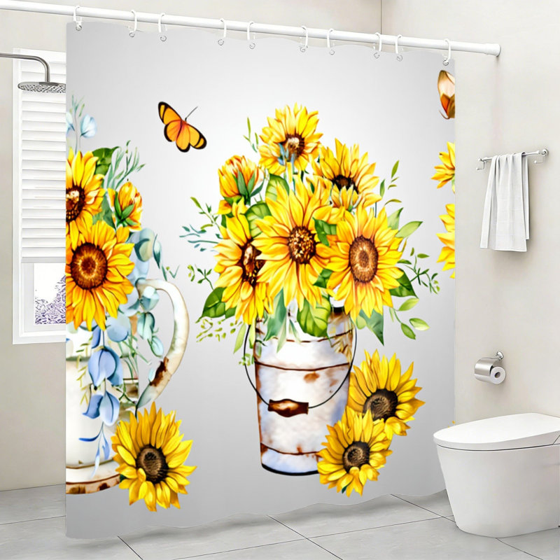 Rideau de bain Bucket Sunflower Butterfly avec crochets jaune 72 x 72 pouces (180 x 180 cm)