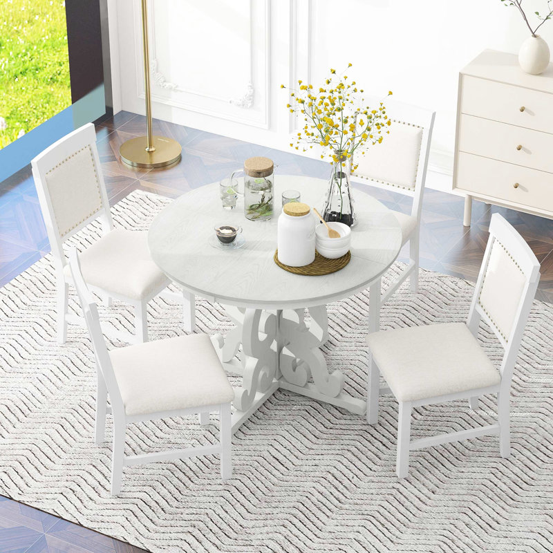 Table de salle à manger extensible - 5 pièces en blanc antique avec configuration de chaises et 5 chaises