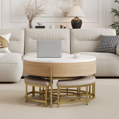 Table basse moderne à plateau relevable avec rangement et 3 repose-pieds blanc et naturel