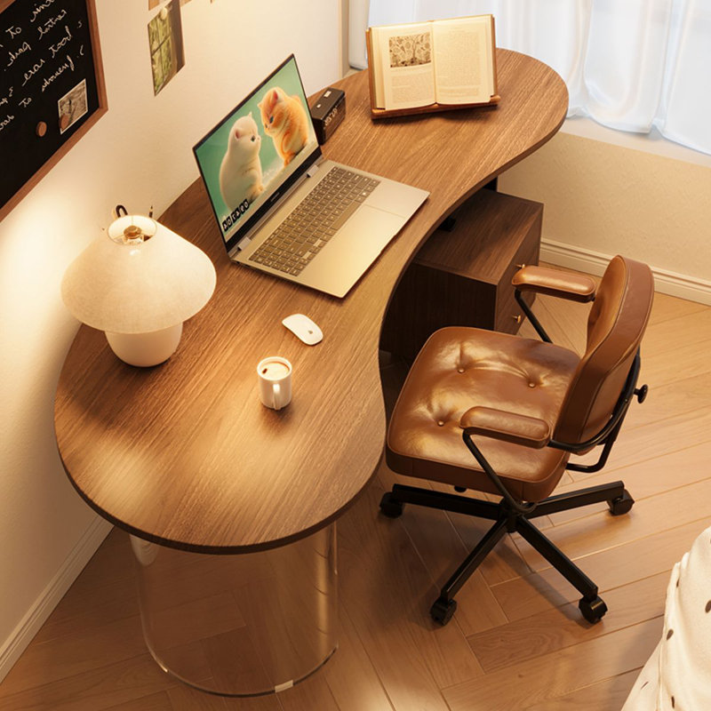 Bureau d'écriture en bois massif courbé noisette avec 2 tiroirs, Retour à droite, H 29,53 po x l 62,99 po x P 30,31 po