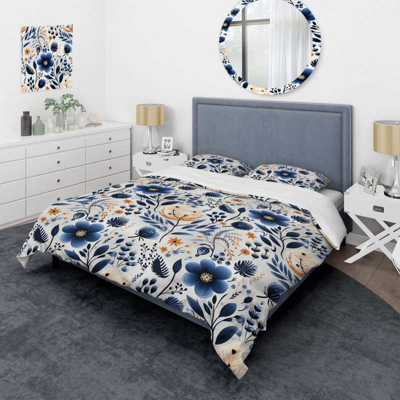 Ensemble de housse de couette Floral - Floral scandinave bleu nordique I, Housse de couette pour grand lit et 2 taies décor