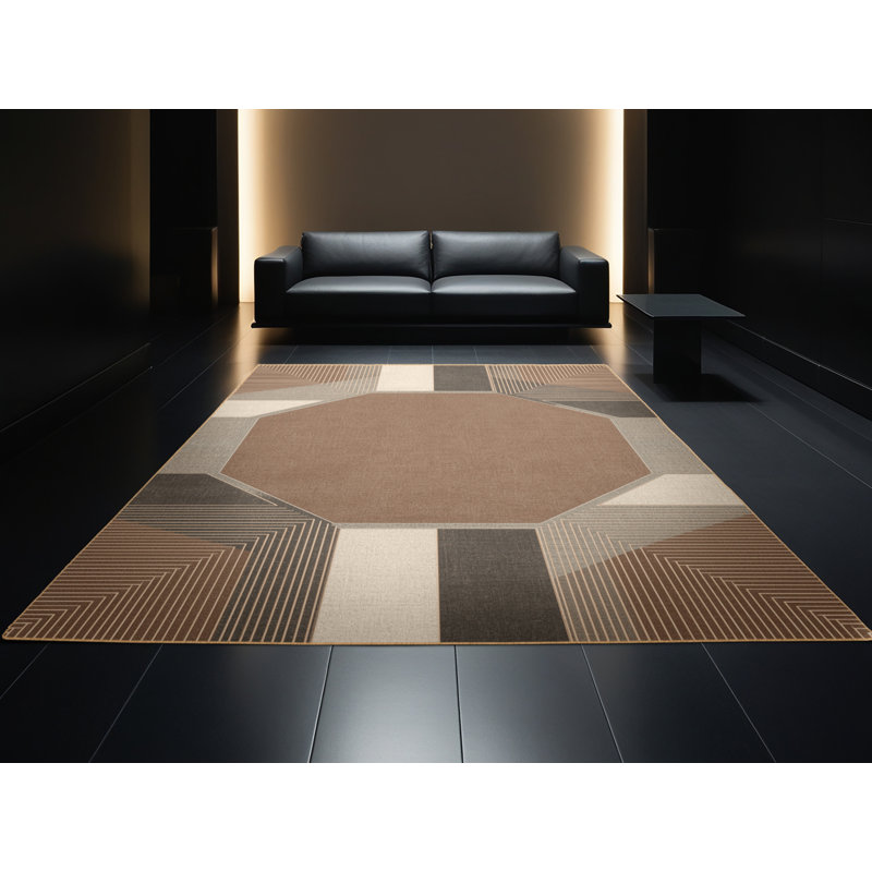Tapis à motif géométrique classique lavable à la machine Manhasset - reliure brun clair, Rond 4 pi