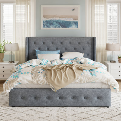 Bertile Linen Tufted Upholstered Storage Platform Bed,No Box Spring Needed,Spacious Storage Space