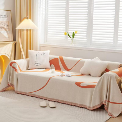 Boho Chenille Couch Cover Dog Beige Cream Caramel Stripe Geometric Jacquard Sofa Cover For 3 Cushion Couch Sofa, 1 Piece Simple Chic Pet-Friendly L Shape Couch Slipcover With Tassel 71"X 134"