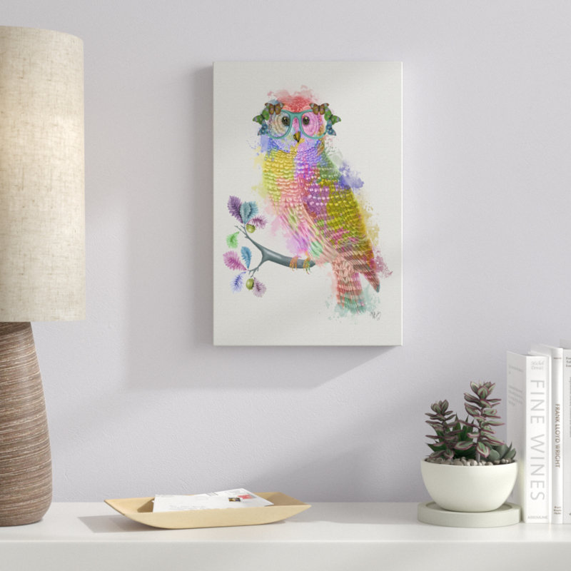 Rainbow Splash Owl by Fab Funky - Painting, 46cm H x 30cm W, Black Floater Framed