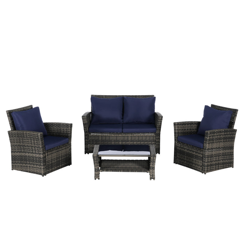 4 Pieces Outdoor Patio Chair , Garden Furniture With Coffee Table, - Material, For Backyard, Garden, Balcony, Poolside, Dark Blue, Water 4 Furniture, Cushions, Porch, Blue
