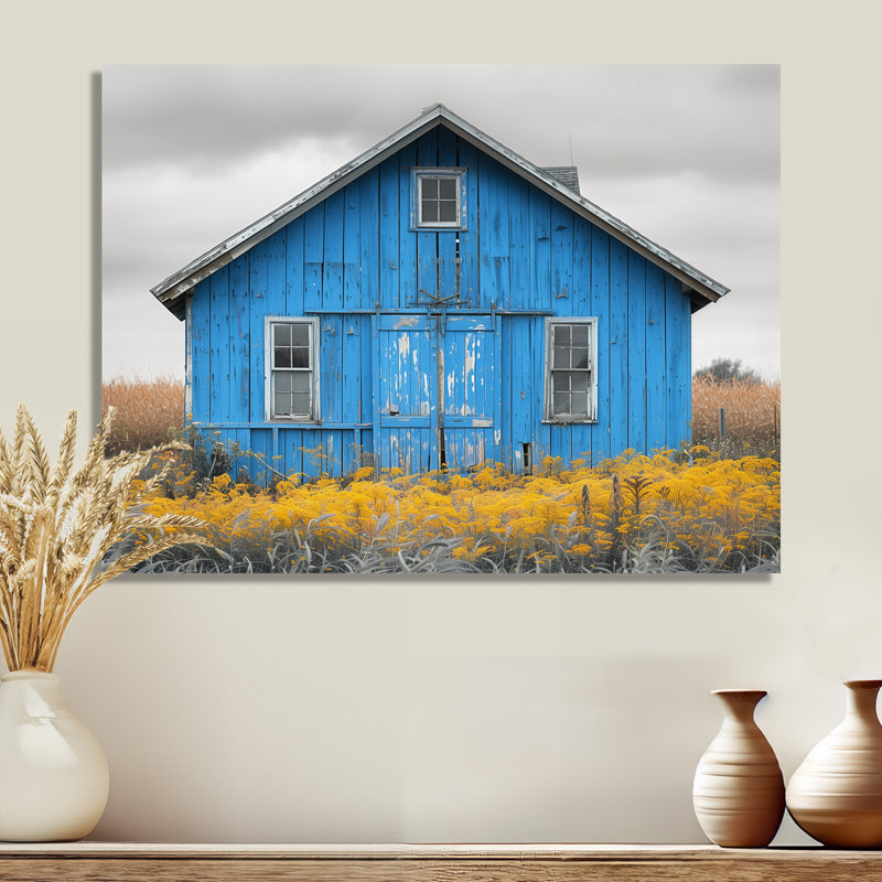  «Blue Gray Autumn Tranquil Barn - Barn Wall Art Living Room, Métal métal, H 12 po x l 20 po