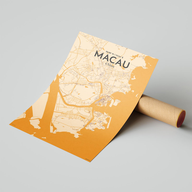 Macau, carte de la ville, impression, H 17 po x l 11 po, Orange / or pâle