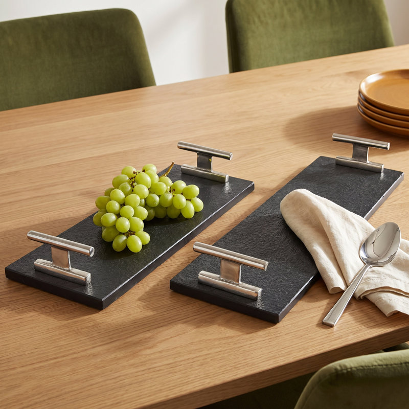 Aedic Mable Tray - Set of 2, 3.25"Hx6.9"Wx22.25"D & 3.3"Hx 7.1"Wx 18.35"D, Silver/Black
