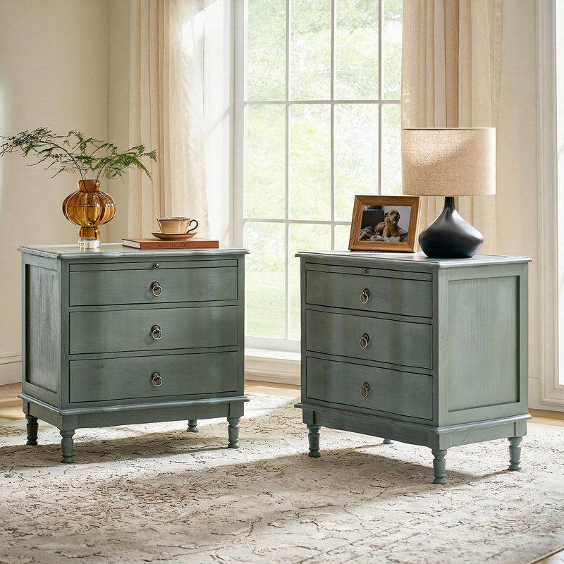 Sessoms Coastal Traditional 3-Drawer Curved End Table with Pull-out Shelf and Simple Assembly and Charging Station, Blue