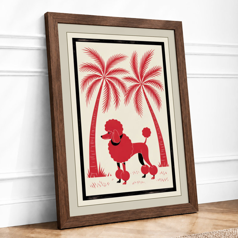 Red Poodle Under Palms Retro - Framed Print, Walnut, A3 - 42.0 x 29.7 cm