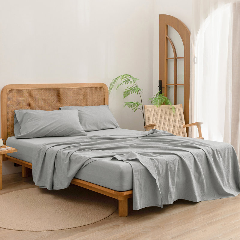 Ensemble de draps 100% coton délavé Bestouch, Gris clair, Ensemble de draps pour lit simple avec 1 taie d'or