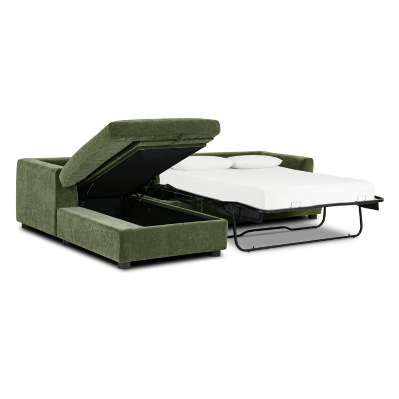 Canapé-lit modulaire en tissu avec rangement Funke, Velours vert, Orienté à gauche (vu de face)