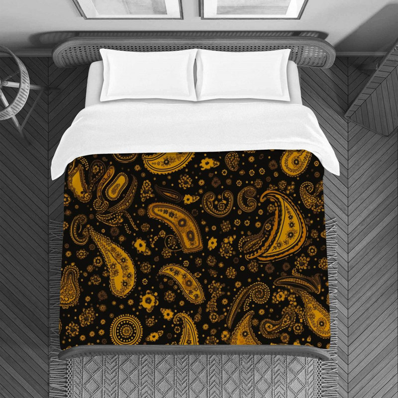 Machine Printed Duvet Cover, Queen Duvet Cover, Black/Gold Paisley