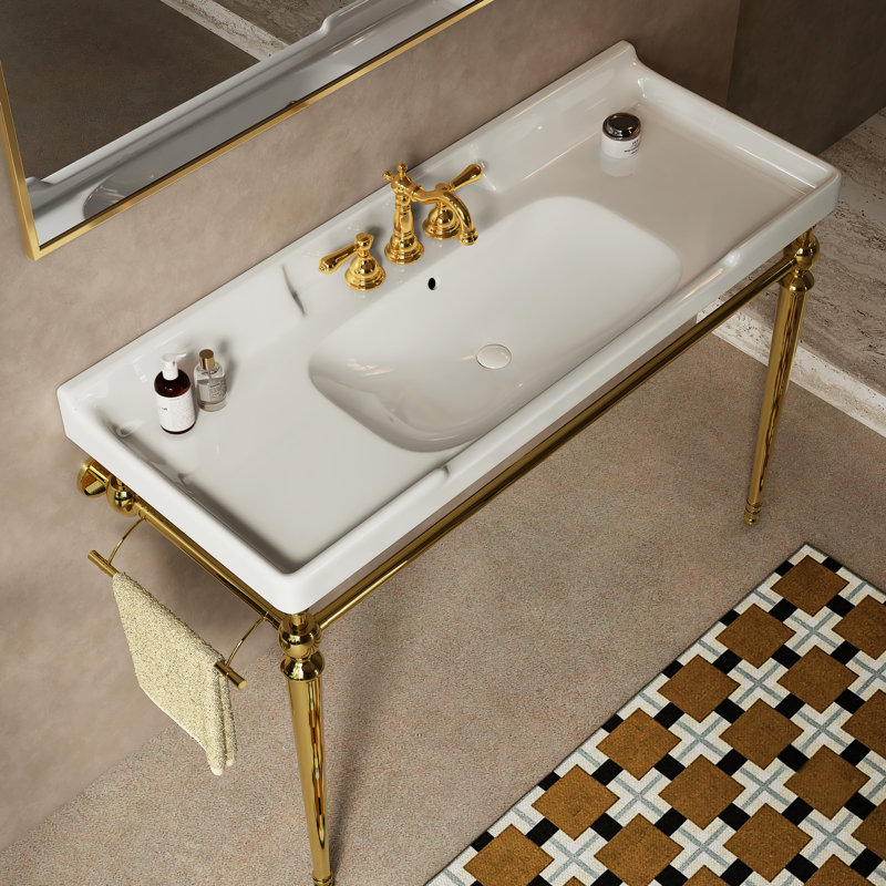 Lavabo de console de salle de bain 48 po, meuble-lavabo mural en céramique blanc avec 3 trous de robinet, support en acier inoxydable, couleur or et meuble-lavabo Scratch, haute performance