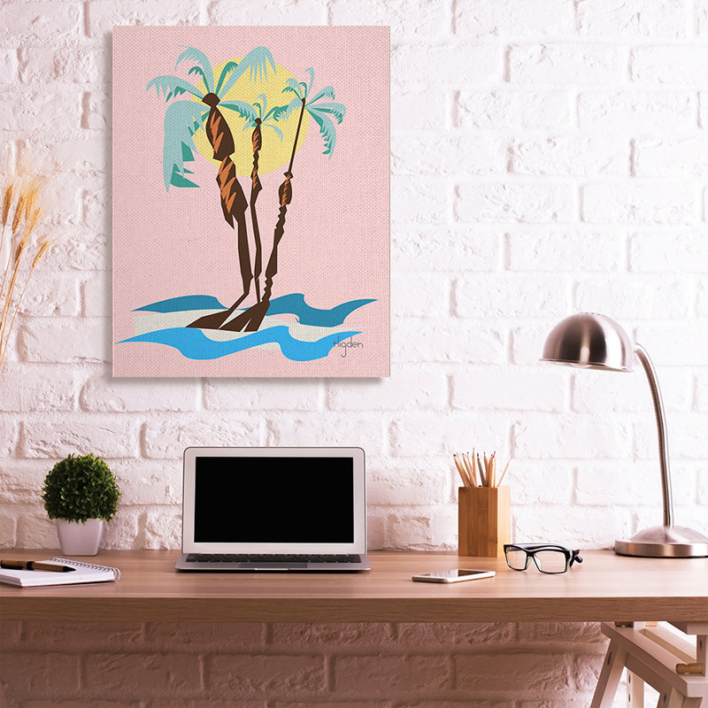«Tropical Palm Tree Trio Pink Sunny Sky» par Mark Higden - impression d'art graphique, H 48 po x l 36 po x 1,5 po