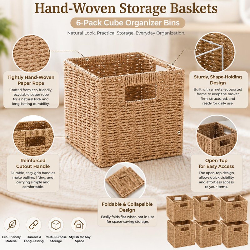 Set of 6 Foldable Paper Rope Wicker Storage Baskets, Handles