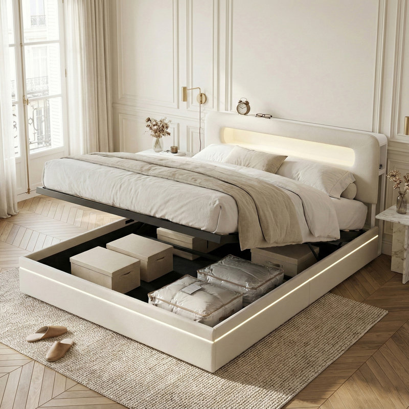 Ottoman Bed With LED Storage Headboard, Beige Velvet Upholstered Frame, European Double (140 x 200 cm)