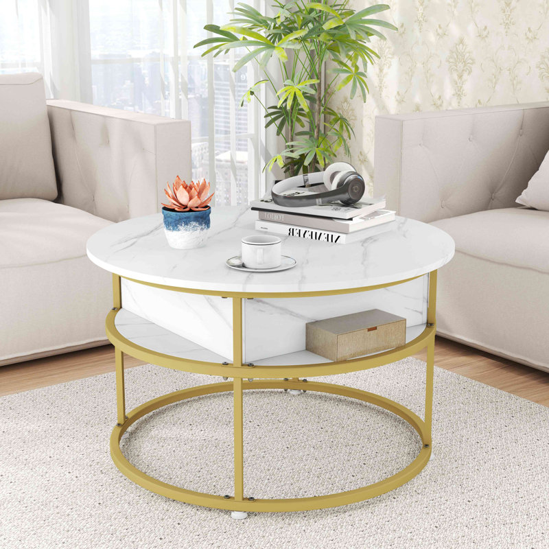 Table basse à plateau relevable 31,5 po avec compartiment caché et tablettes latérales pour le salon, Plateau blanc / base or