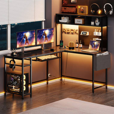 SEDETA Gaming Desk, 55 Computer Desk with Hutch and Shelves, Gaming Desk  with LED Lights, Pegboard & Monitor Shelf, Large PC Gamer Desk Workstation